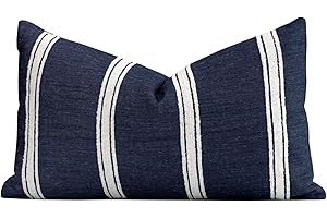 Crumbs Home Coastal Linen Indoor Outdoor Lumbar Pillow Cover Only, 12"x20" Water Repellent for Patio, Backyard, Couch, Dark Navy Neutral Embroidered Stripes