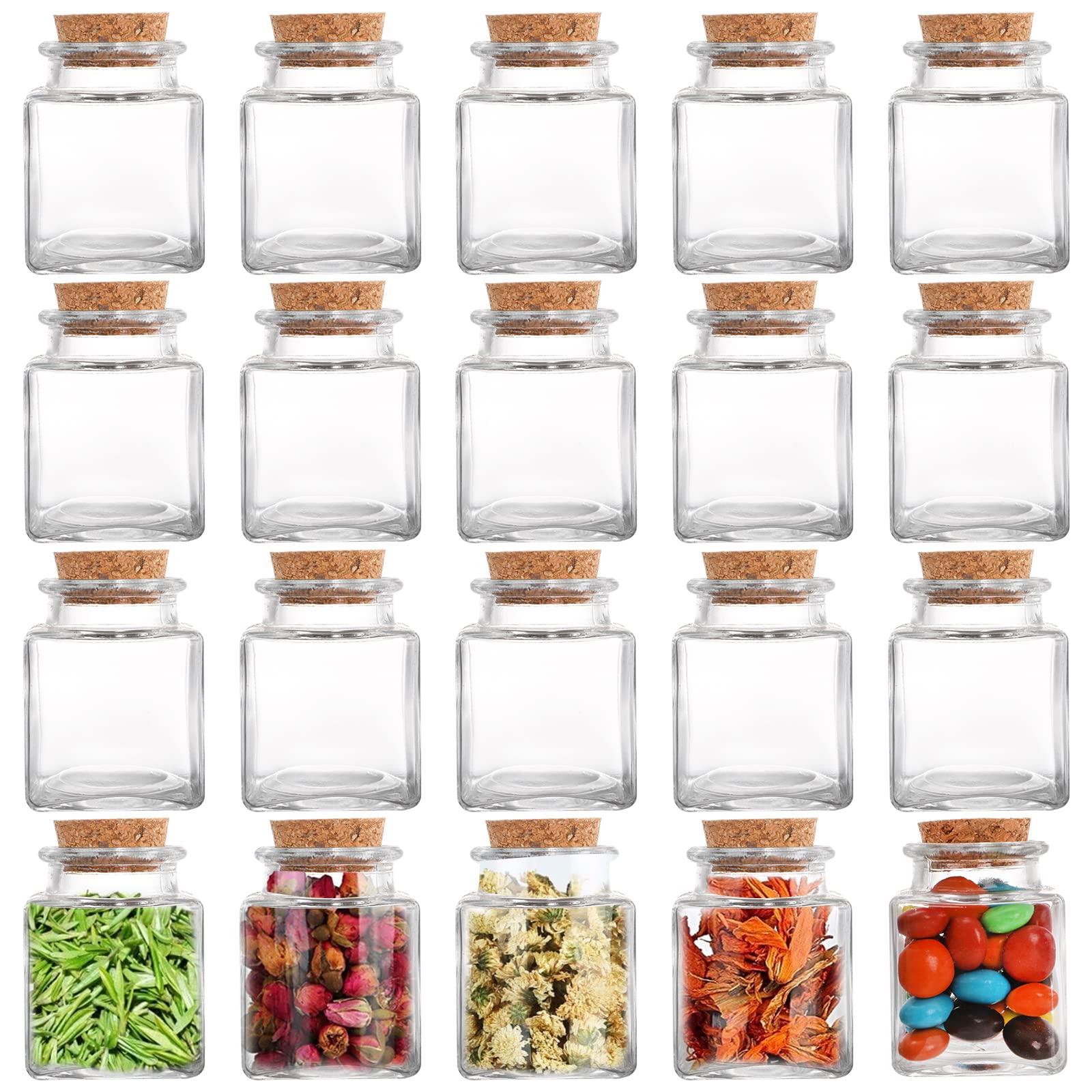 Dicunoy 20 Pack Glass Favor Jars with Cork Lids, 50ml Mini Square Glass Bottles with Stoppers for Herb Storage, Small Spice Containers for Tea, Jelly, Candy, Wedding, Favors, DIY Crafts