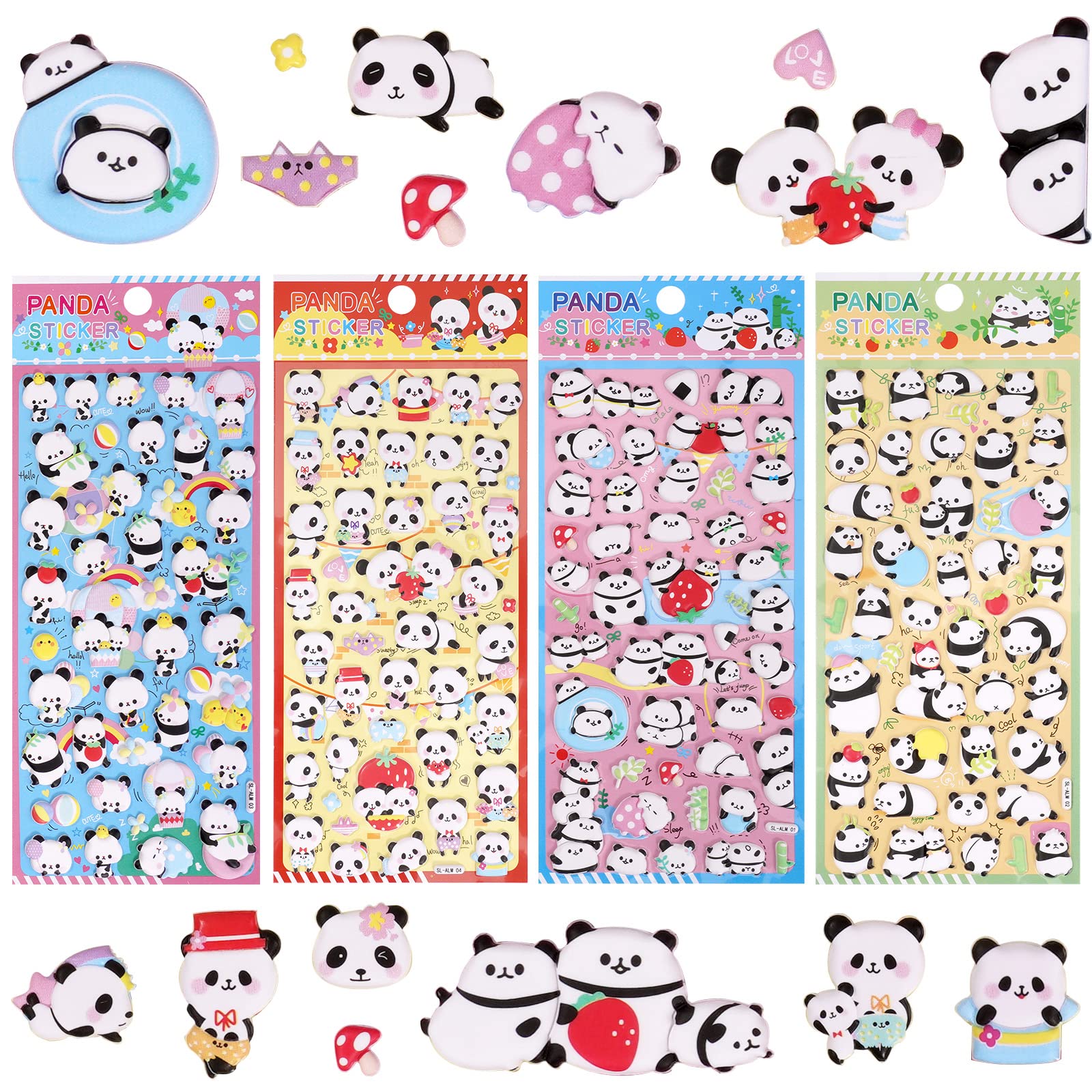 SHANGRLA Cute Puffy Panda Stickers for Kids Girls Kawaii 3D Tiny Pandas Squishies Stickers for Phone Case Stationery, Small Panda Gifts Party Favor Stuff for Party Supplies,4 Sheets.