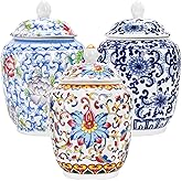 Okllen Set of 3 Small Blue and White Porcelain Salt Cellar with Airtight Lid, 250ml/ Approx. 1 Cup Sugar &amp; Salt Crock Container Ceramic Spice Jar for Kitchen Countertop
