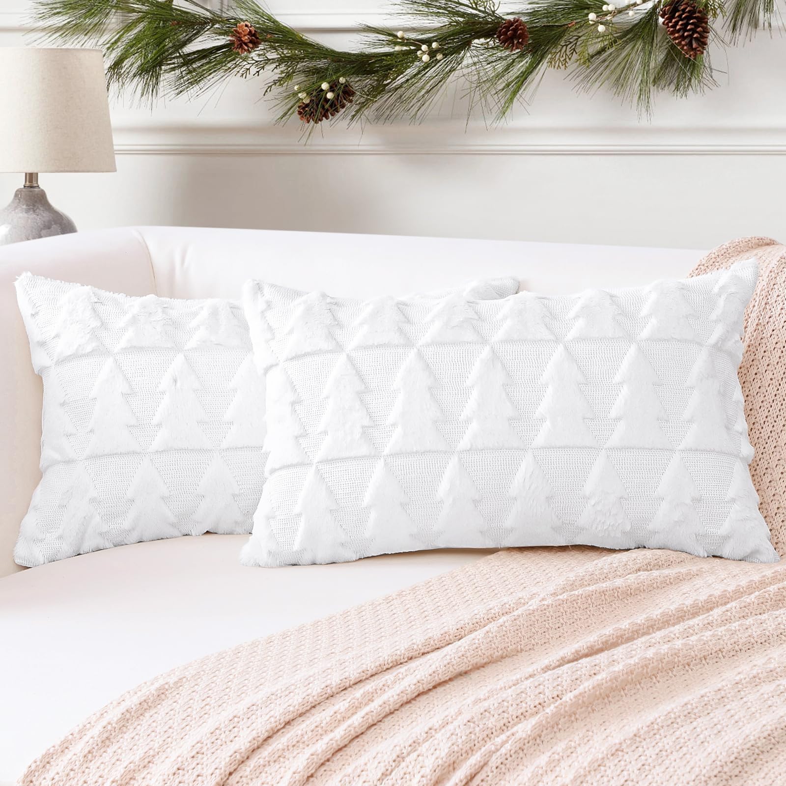 Artscope Set of 2 Xmas Soft Plush Short Wool Velvet Decorative Cushion Covers 40x60cm Luxury Style Throw Pillow Covers Pillow Shell for Sofa Bedroom Christmas Tree White,