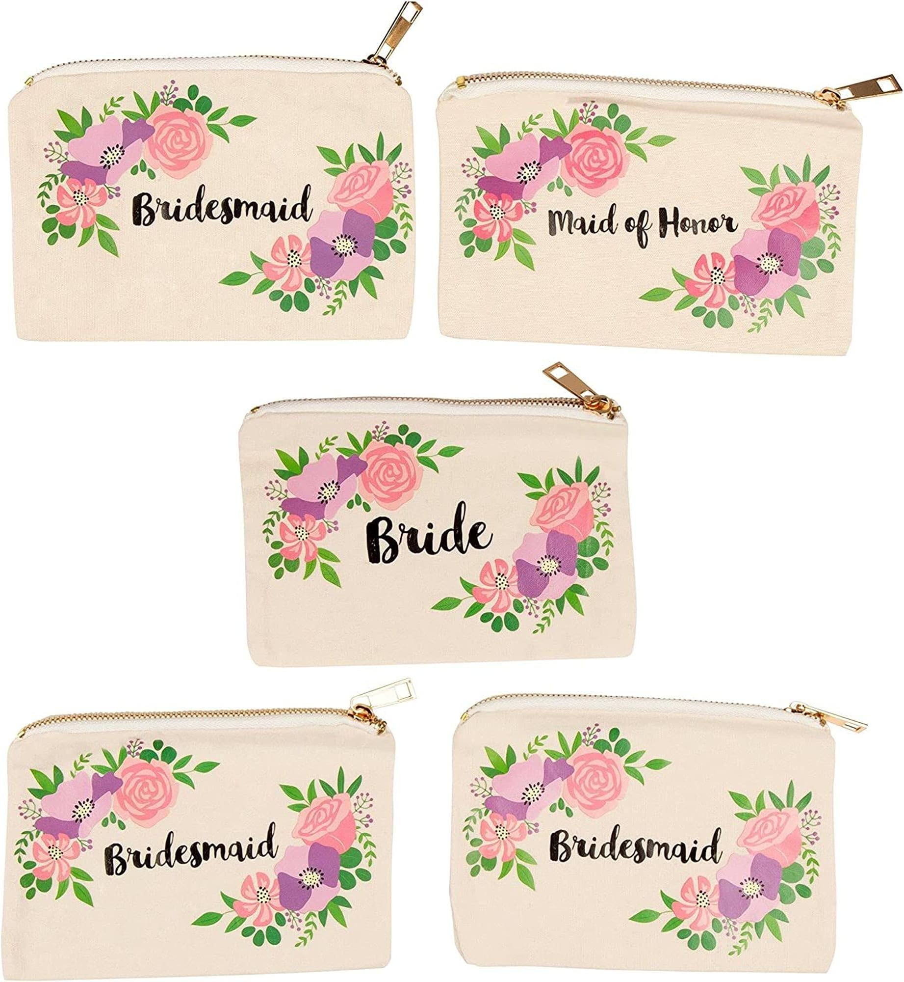 Juvale Bridal Shower Makeup Bag - 5-Pack Canvas Cosmetic Pouches For Wedding Favors, Bachelorette Party Gifts, Bride Tribe Accessories, Vintage Floral Design, 7.2 X 4.7 Inches