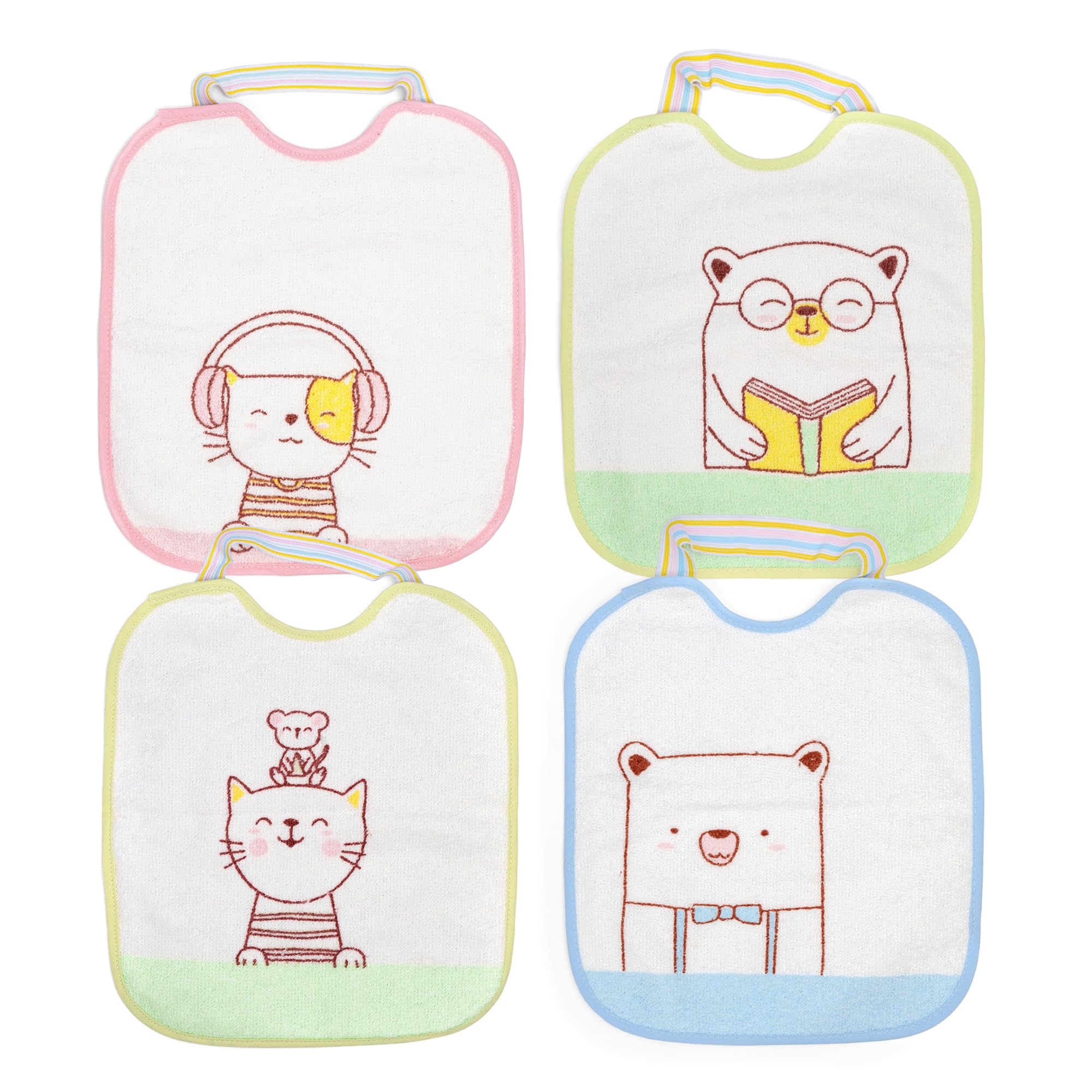 Ti TIN - Pack of 4 Waterproof Baby Bibs 73% Cotton - 27% Polyester Vinyl Lining | Set of 4 Bibs with Rubber Closure