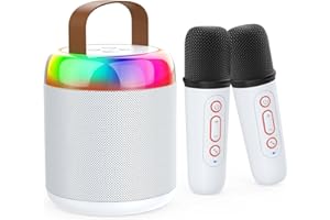 Iyoyo Mini Karaoke Machine for Kids Portable Bluetooth 5.3 Speaker Led Lights with 2 Wireless Microphones Karaoke Toy Gifts for Girls Boys Audlt Birthday Christmas Solid Metal Body (White)