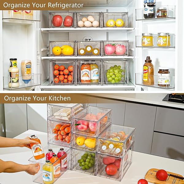 CLEMATE 6PACK STACKABLE KITCHEN STORAGE ORGANIZER, PANTRY ORGANIZERS AND STORAGE, CLEAR FOODS ORGANIZER BINS WITH HANDLES, EASILY ASSEMBLE FOR BATHROOM, KITCHEN, PANTRY, CABINET, CLOSET