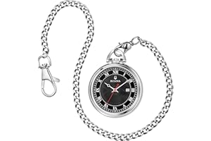 Bulova Classic Pocket Watch 3-Hand Date Quartz Stainless Steel, Black Dial with Detachable Chain Style: 96B308
