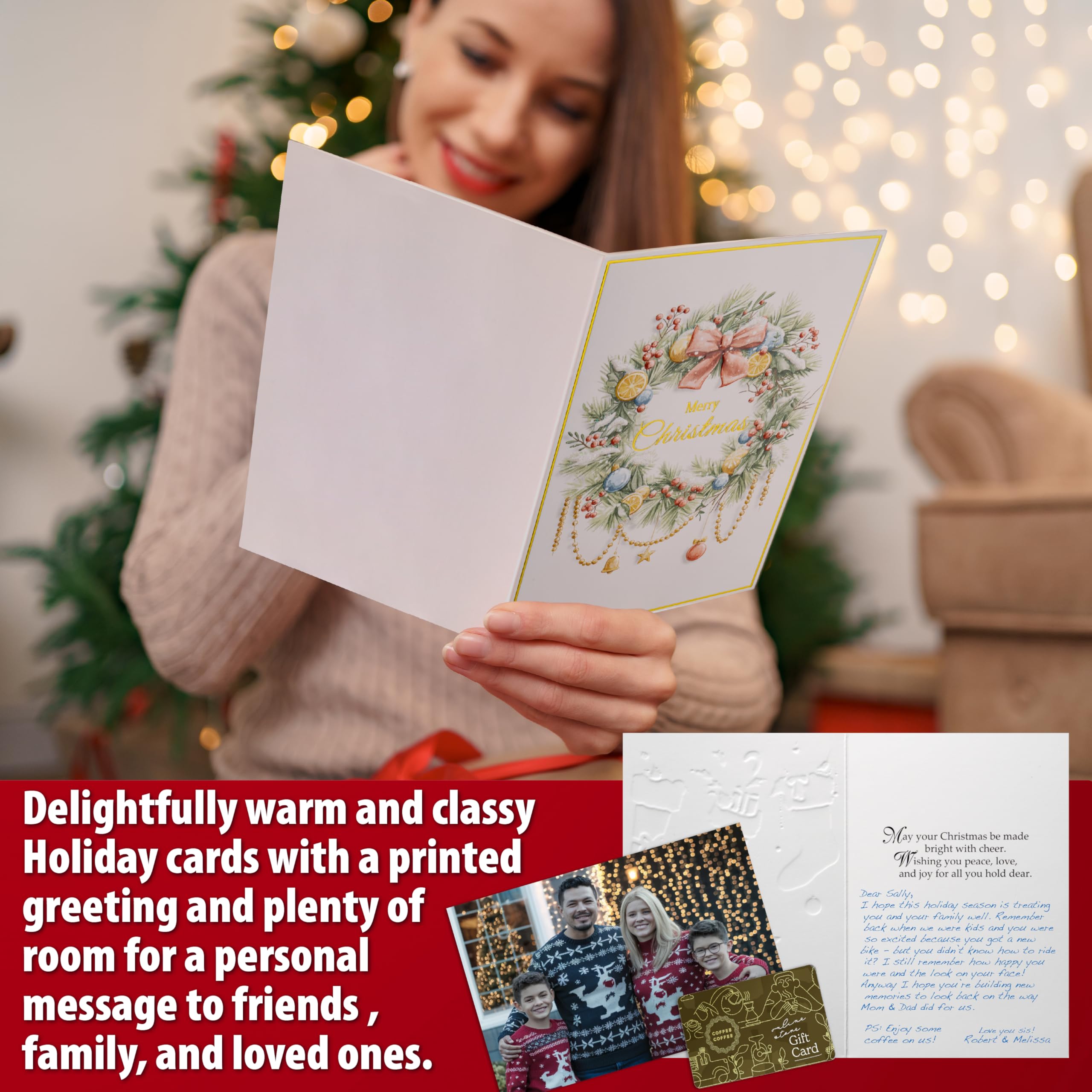 24 Christmas Cards Assortment, Festive Gold Foil Glitter Watercolor Bulk Xmas Cards with Envelopes & Messages - 6 Patterns, 4 3/4