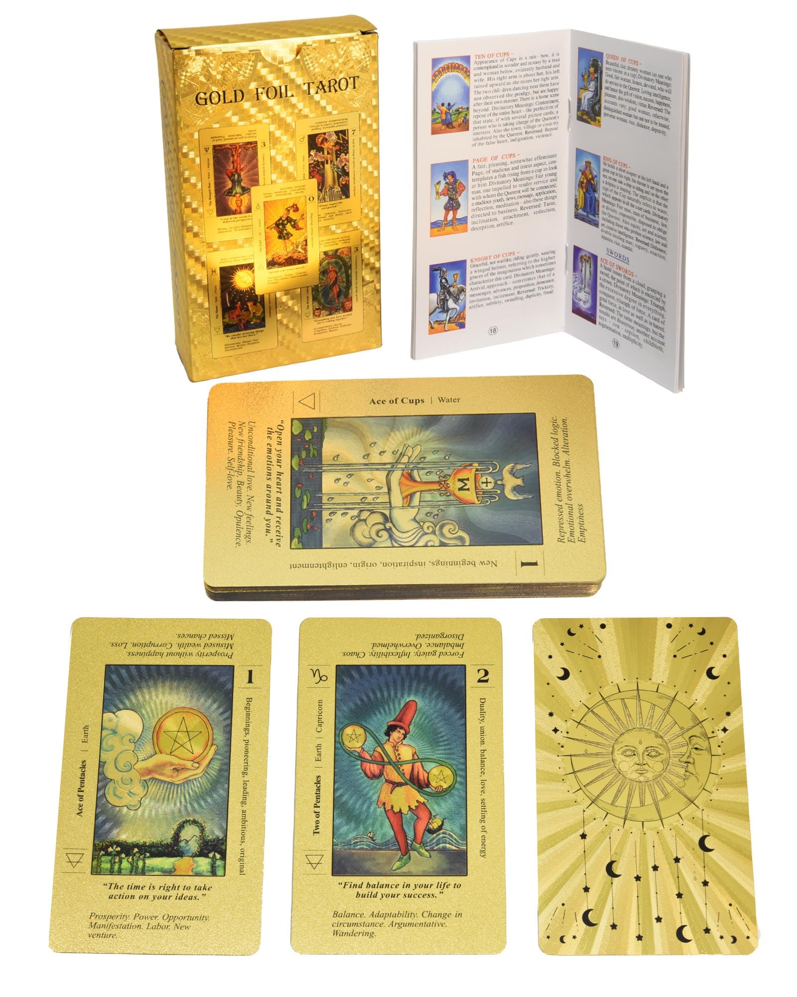 78 Gold Foil Tarot Cards with 36 Pages of Guide, PVC, Waterproof and Wrinkle-Resistant, Cards with Front and Back Meanings, Tarot Deck for Beginners (God Sun)