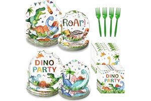 96 Pcs Dinosaur Tableware Set (Serves 24) – Includes Plates, Napkins, and Forks for Kids Birthday Party Decorations.