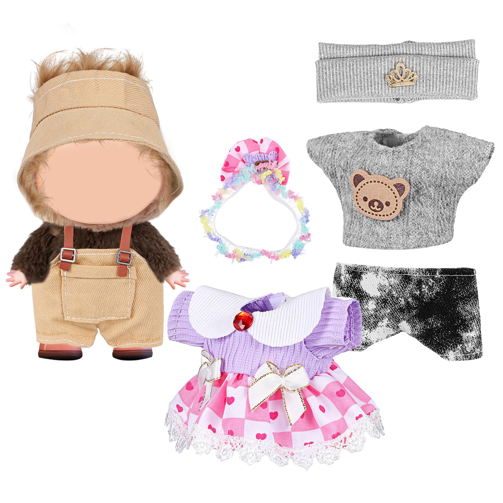 TOYANDONA 17cm Doll Clothes Set (no Doll), Cute Dress Up Fashion Outfit Accessories with Skirts + Overalls + Hats + Fashion Suits, Small Kawaii Clothes Set for Dress up Unique Style (7 Pcs)