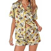 ELUNORUS Women’s Silk Satin Pajama Set Short Sleeve Button Down 2 Piece PJs with Shorts Valentine’s Day Pajamas