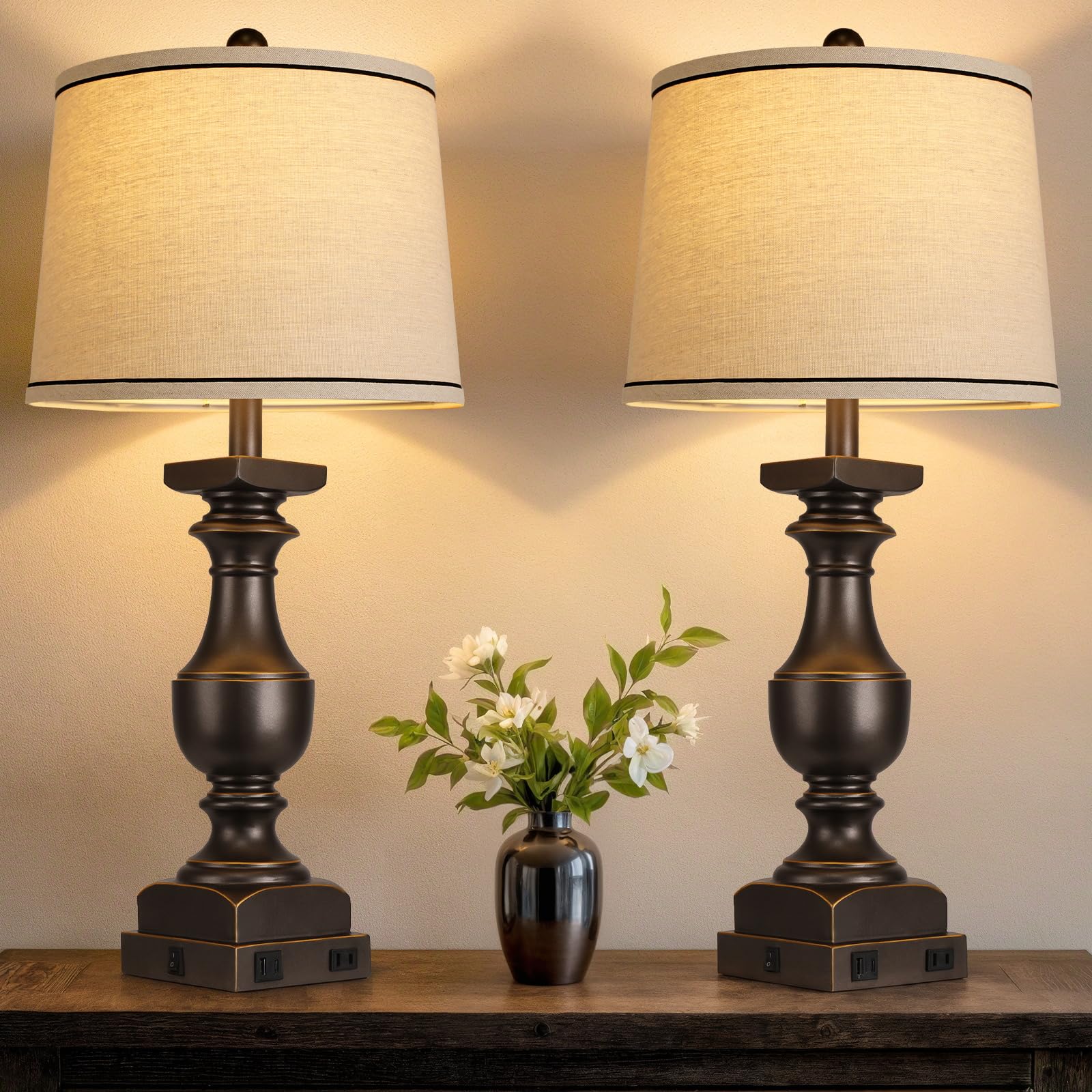 Photo 1 of ***DAMAGED - SEE NOTES/PICTURES***28'' Farmhouse Bedside Lamps Set of 2, Black Gold Table Lamps for Nightstand, Desk Lamps with Linen Shades, Table Lamps with USB A+C Port, Nightstand Lamps for Bedroom, Rocker Switch, Bulb Included
