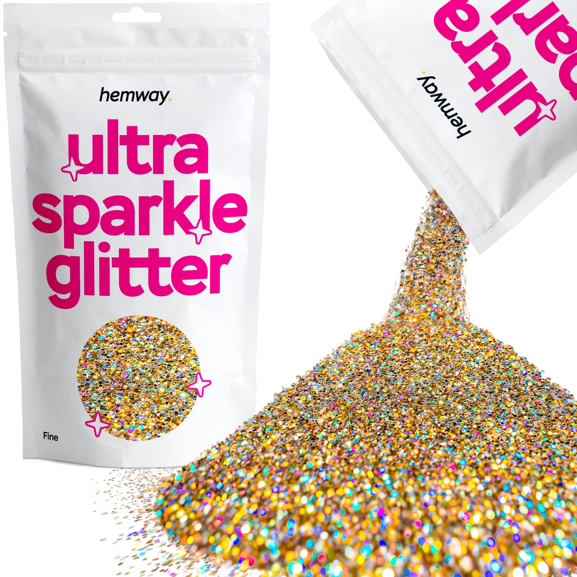 Hemway Ultra Sparkle Glitter Gold Silver Holographic 100g Fine | Glitter for Arts & Craft, Makeup, Nail Art, Crafting, Card Making, Sparkle Decoration