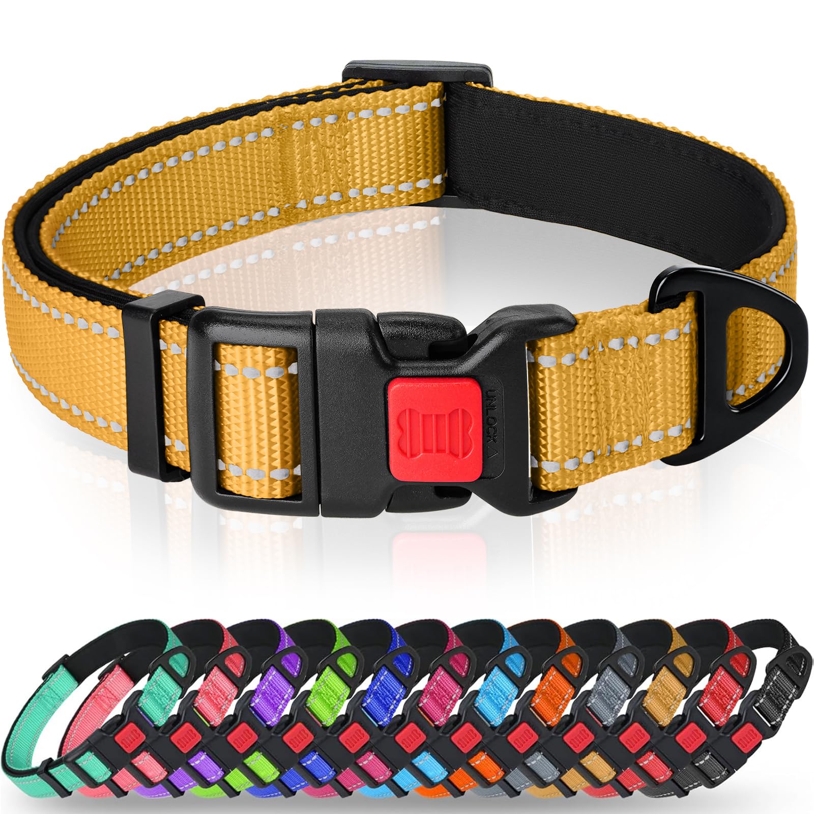 Taglory Reflective Nylon Dog Collar with Safety Buckle, Adjustable Pet Collars with Soft Neoprene Padding for Small Dogs, Tan