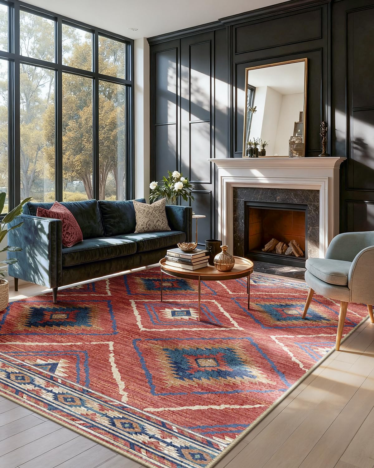 DEFYNEE Machine Washable Area Rug, Unisex, Red, 120 x 180 cm, Moroccan Style, Living Room, Kitchen, Bedroom, Hallway, Dining Room