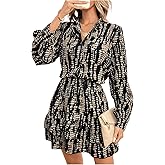 Floerns Women's Graphic Print Lantern Sleeve Button Shirt Dress Ruffle Hem Short Dress