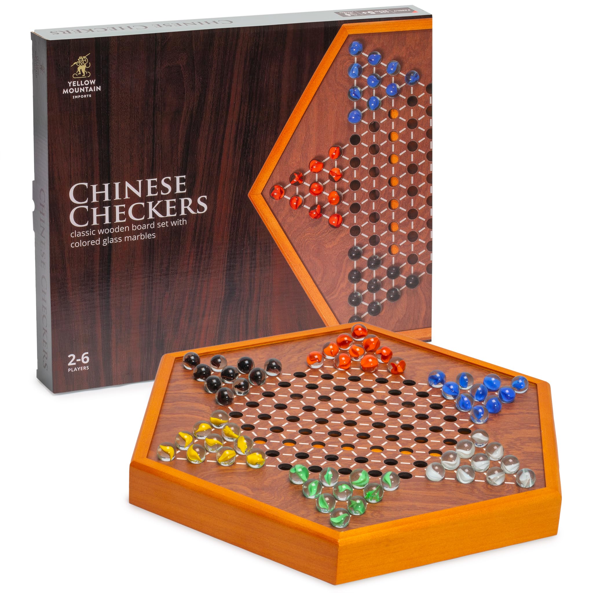 Yellow Mountain Imports Wooden Chinese Checkers Halma Board Game Set - 32.2 Centimeters - with Drawers and Colorful Glass Marbles