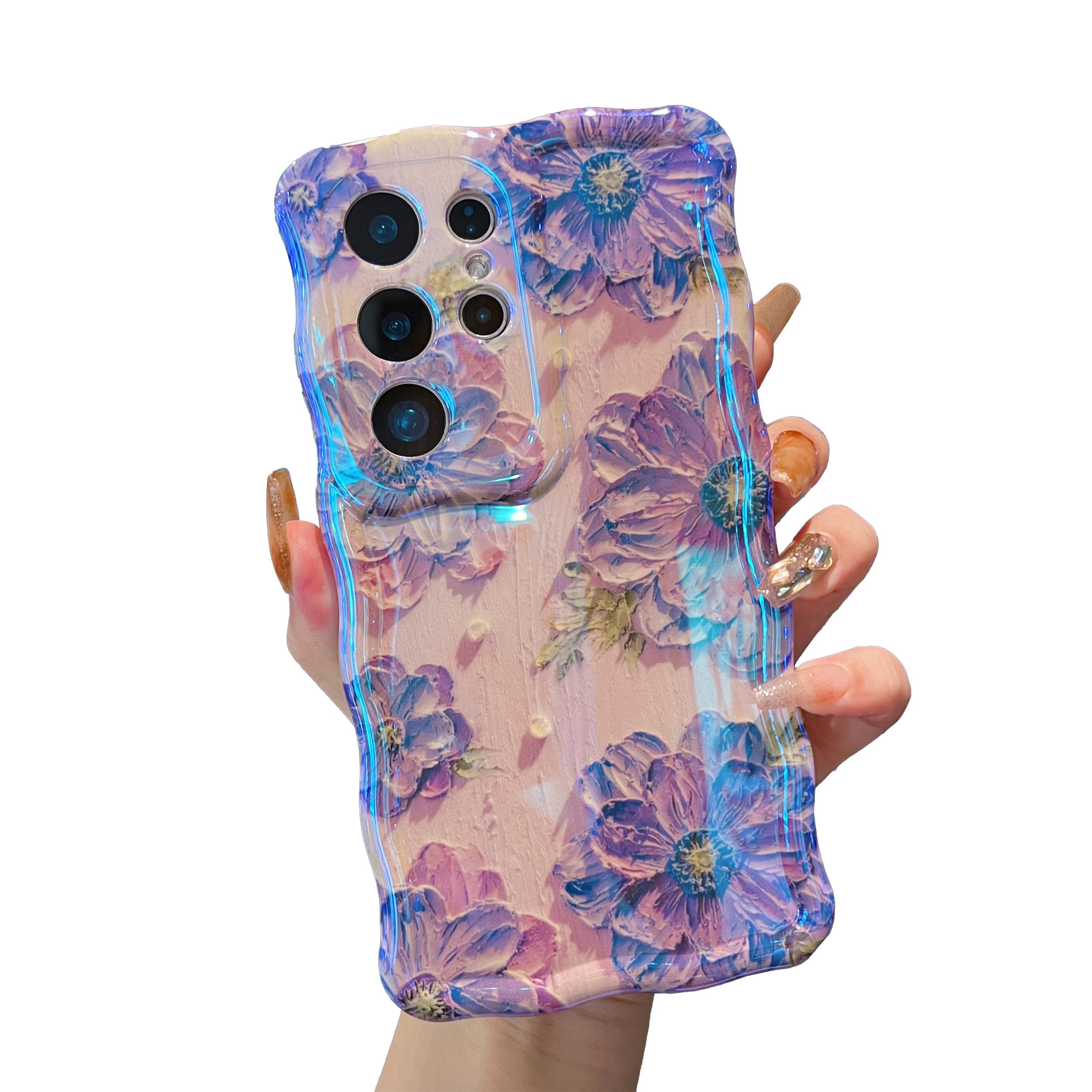 Photo 1 of XIZYO Case for Samsung Galaxy S25 Ultra, Colorful Retro Oil Painting Flower Cute Floral Aesthetic Curly Wave Frame Laser Glossy Reflective Exquisite Stylish Cover Girly Women-Purple