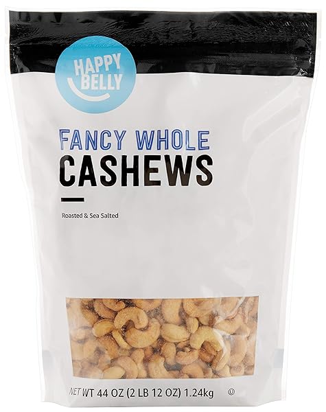 AMAZON BRAND – HAPPY BELLY FANCY WHOLE CASHEWS, ROASTED AND SEA SALTED, 44 OUNCE (PACK OF 1)