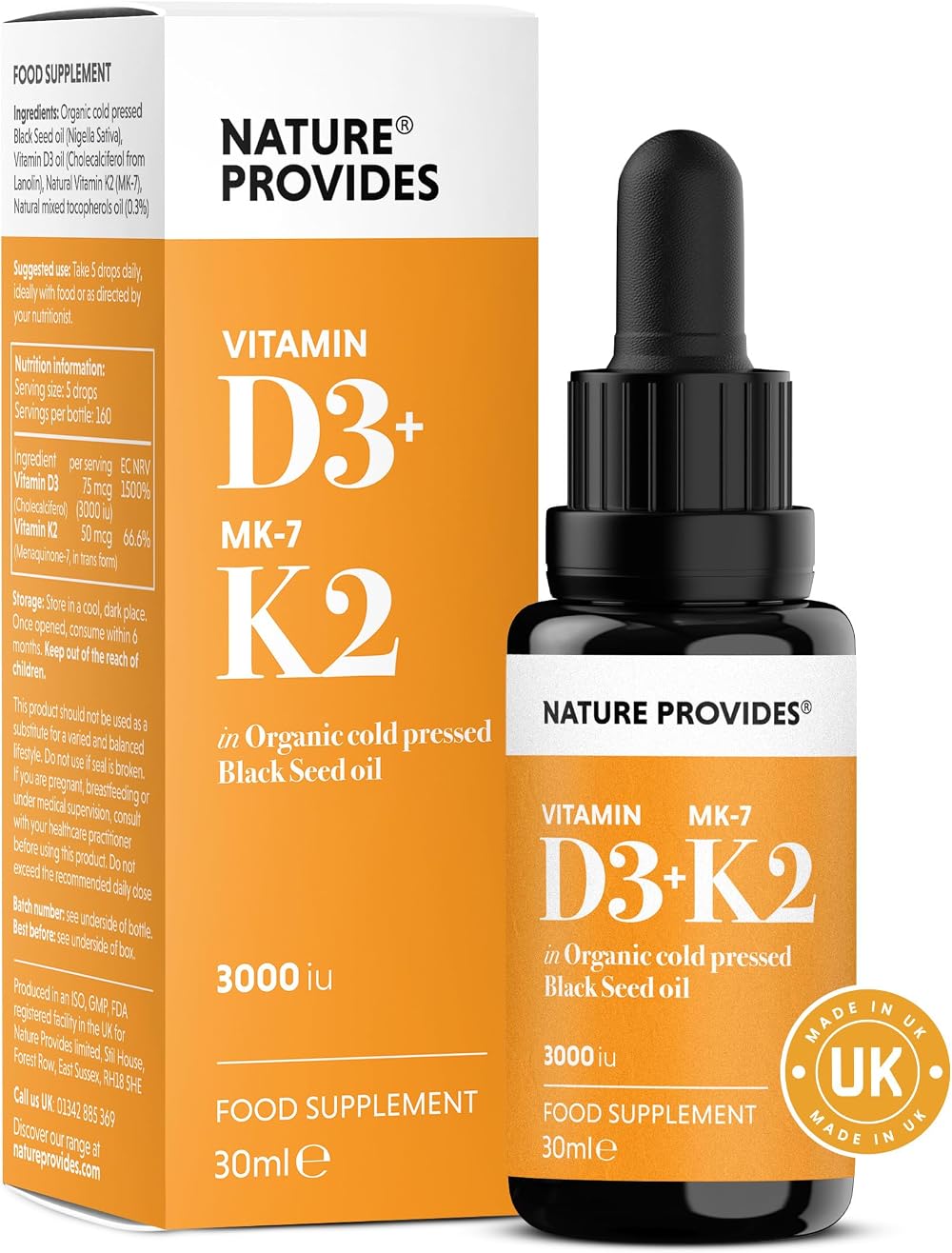 Nature Provides Vitamin D3 K2 MK-7 in Organic Black Seed Oil 30ml