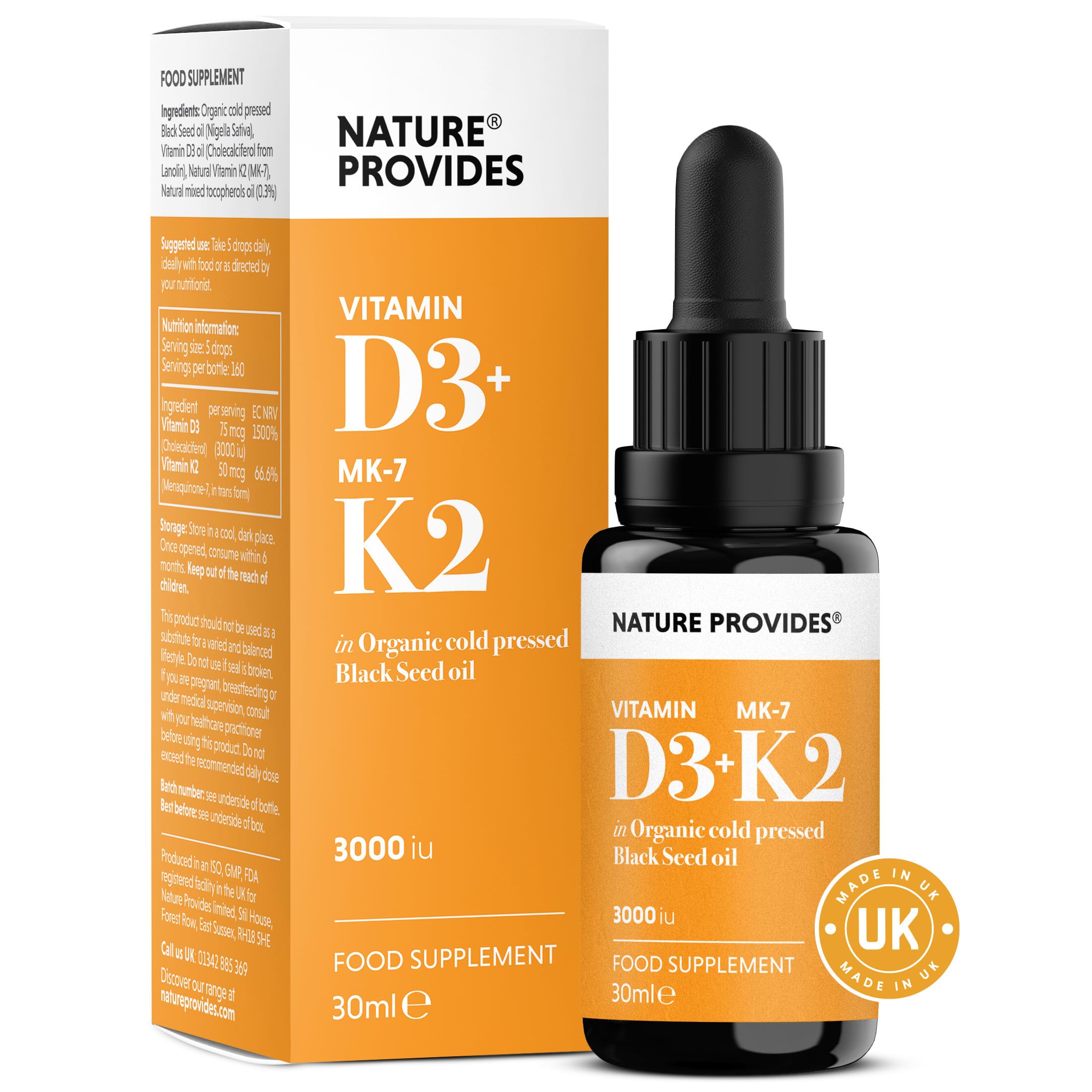 Vitamin D3 & K2 (MK-7) in Organic Black Seed Oil/Nigella Sativa (30ml) - High Strength Liquid (3000IU), 100% Trans MK-7, Immune, Bone Support, Heart Health, Sublingual, Made in UK by Nature Provides