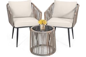 Kromax 3 Piece Patio Rattan Bistro Conversation Set, Outdoor All Weather Wicker Furniture Chairs and Side Table Set, Ideal for Balcony, Porch and Backyard, Beige