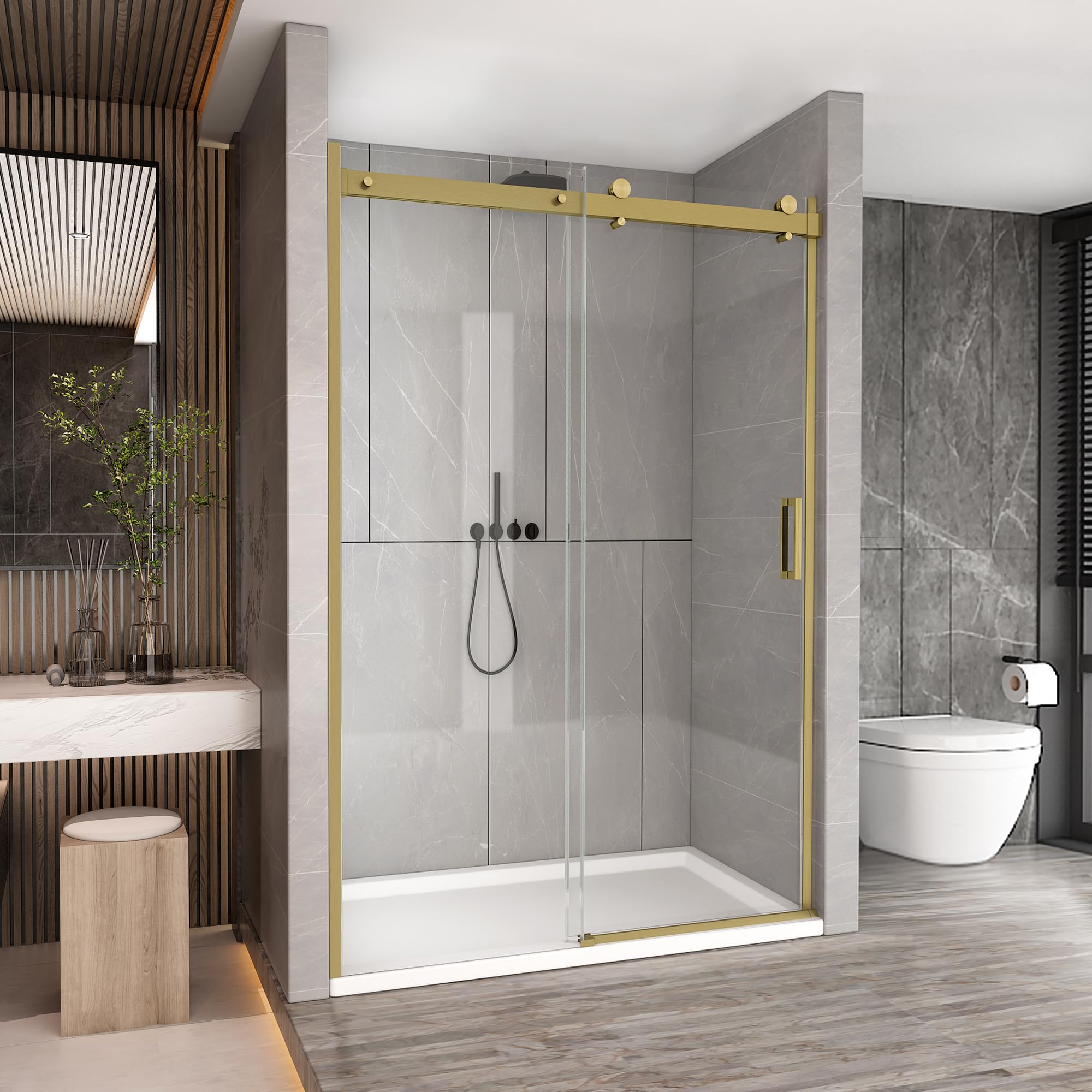 Photo 1 of Sunrosa Semi-Frameless Glass Shower Door, 47 2/8" -48" W x 76" H Single Sliding Shower Door, Shower Door with Tempered Glass 5/16"(8mm), Brushed Gold