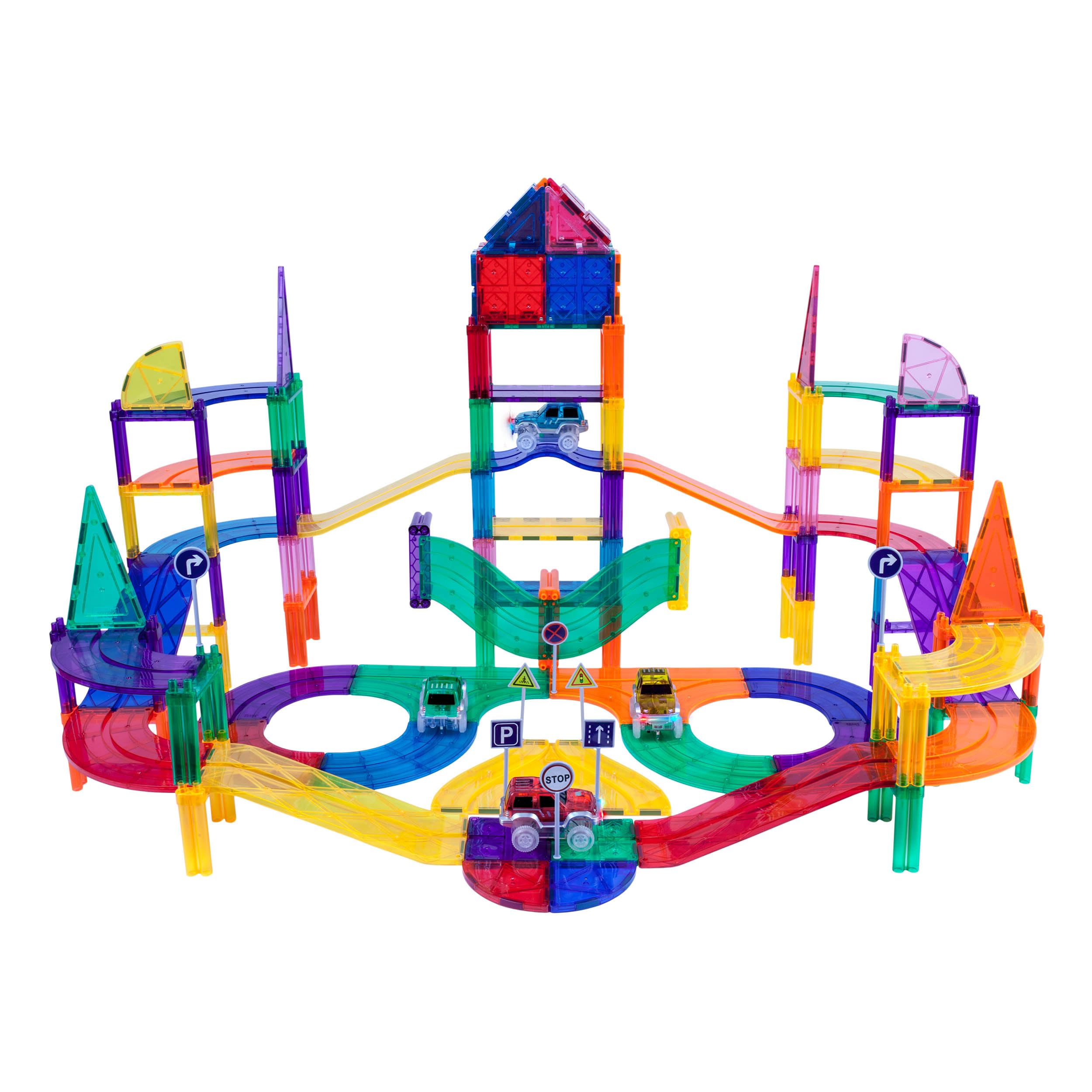 PicassoTiles 150 Piece Race Car Track Building Block Educational Toy Set Magnet Tile Magnetic Blocks Playset 4 Cars Early STEM Learning Construction Kit Hand-Eye Fine Motor Skill Brain Training PTR150