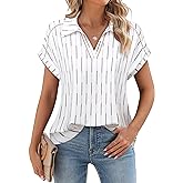 Timeson Womens Blouses for Work Professional: Short Sleeve - Ladies Business Tops - Summer Business Casual Outfits for Women Office Wear Collared V Neck Job Interview Dress Shirts Striped White 2XL