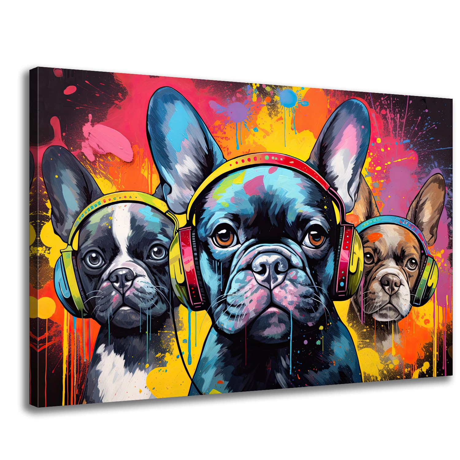 GLOKAKA Graffiti Dog Wall Art Canvas,Fashion Funny Street Dog Pop Art,Three French Bulldog Picture Painting Print,Colorful Animal Painting Artwork for Bedroom Bathroom Decor-24 x16