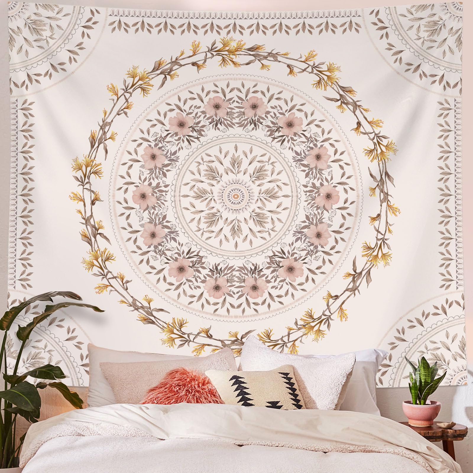 Lifeel White Pink Bohemian Tapestry Wall Hanging, Mandala Floral Medallion Hippie Tapestry with Light Brown Aesthetic Wreath Design, Cream Wall Decor Blanket for Bedroom Home Dorm, Small 50×60 inches