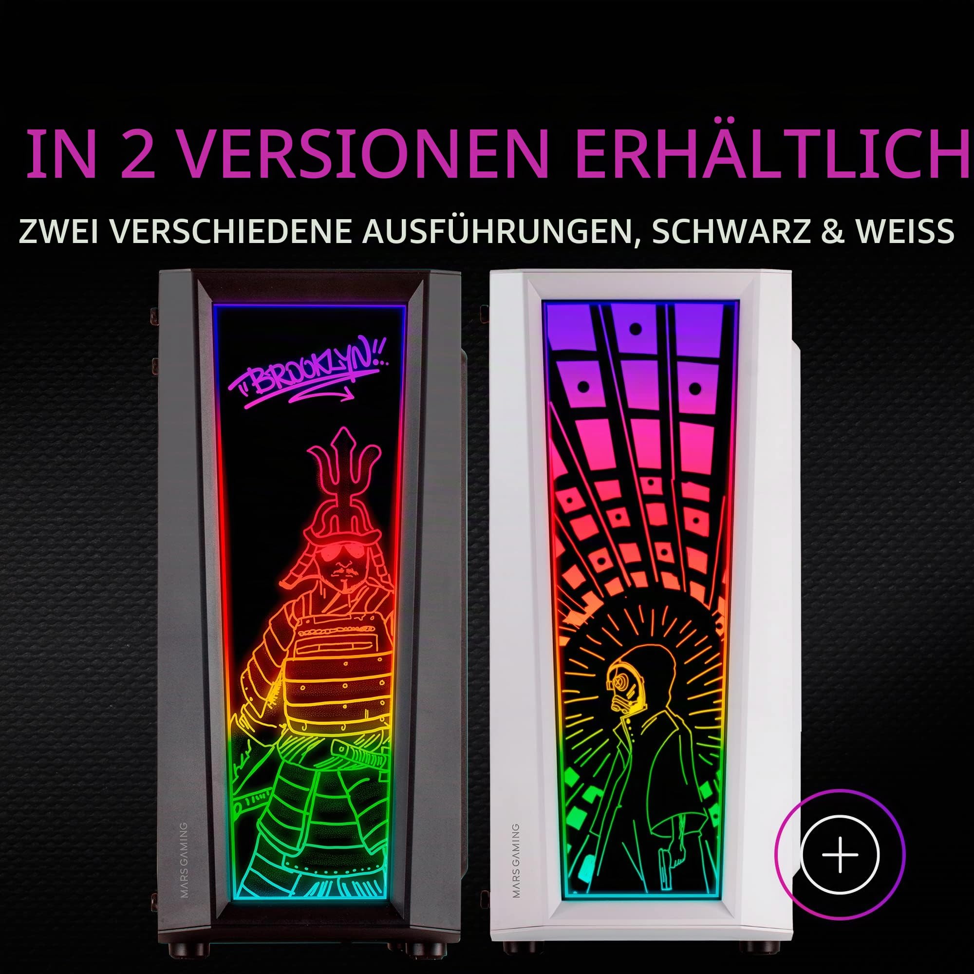 Mars Gaming MC-Art Schwarz, PC Gaming ATX Gehäuse, Doppelt Zeichnbar Gehärtetes Glas, ARGB 12 Mode, 12cm Lüfter, MCART 6