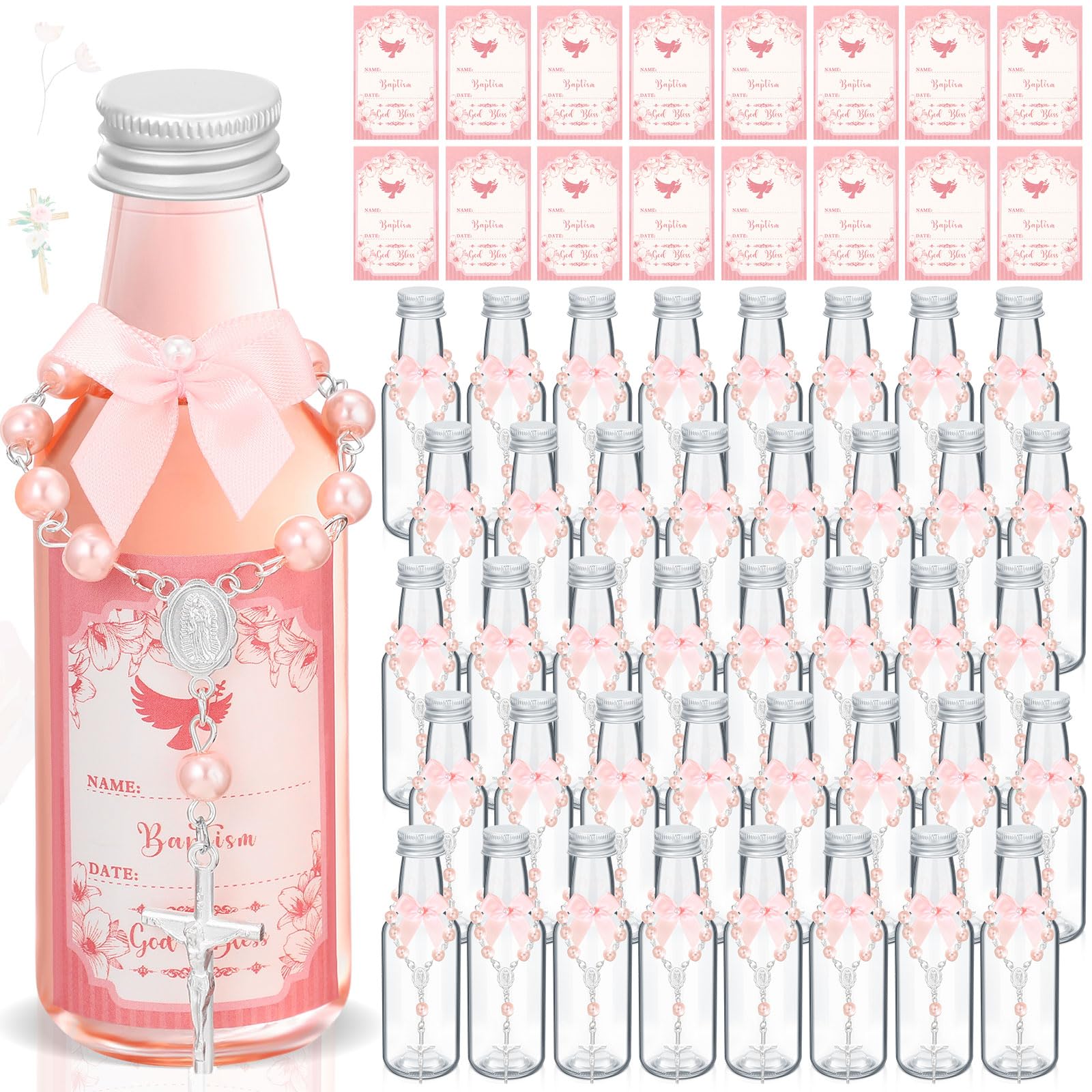 Photo 1 of FillTouch 12 Sets Catholic Holy Water Bottle Baptism Rosary Set Baptism Favors 1.7oz Christian Water Container Empty Glass Holy Water Bottle for Easter Party Church Wedding Table Newborn (Pink)