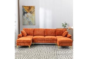 KIVENJAJA U-Shaped Sectional Sofa Couch, Modern Velvet L-Shaped Couch Set with Chaise Lounge, Ottoman and Pillows for Living Room Office Apartment, 114 inches (Orange)