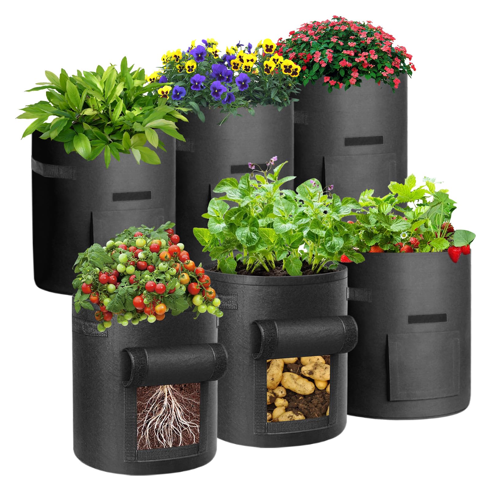 Cskunxia 6 Pack 10 Gallon Potato Grow Bag, Non-Woven Fabric Potato Planting Bag, Plant Grow Bags with Handles, Garden Plant Bags for Potatoes, Carrots, Tomatoes and Other Vegetable,Fruits