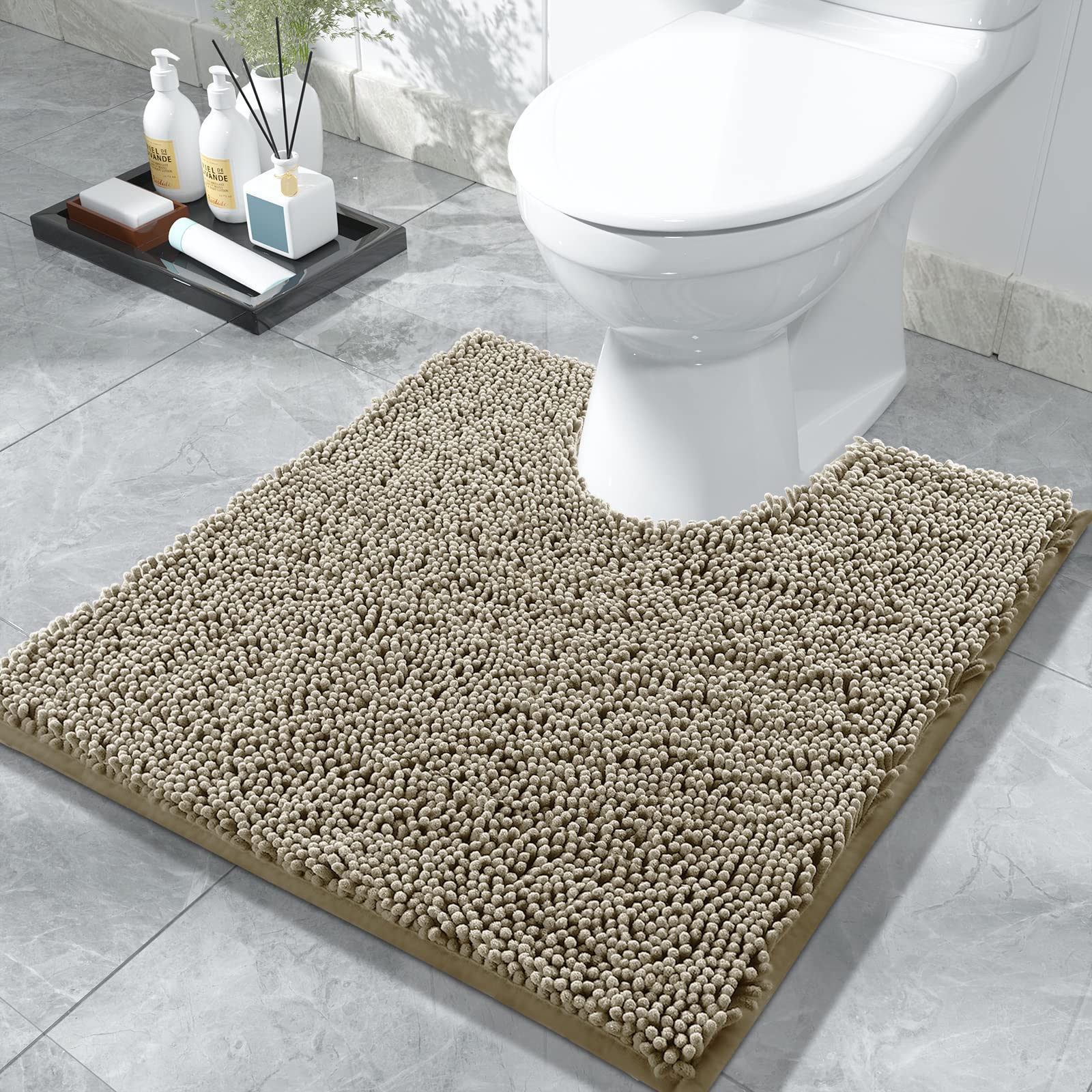 Yimobra Toilet Rugs U Shaped Washable - 24"x24" Non Slip Plush Contour Bath Rugs for Toilet - Super Soft Absorbent Quick Dry Toilet Mats for Bathroom,Camel