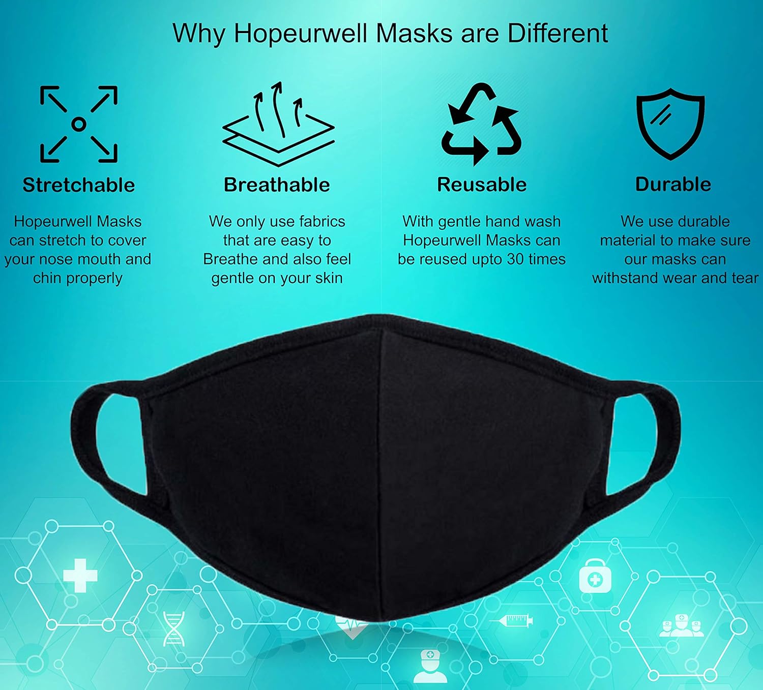 Hopeurwell Protective Face Masks and Glove Kit (4 Masks + 2 Glove) for Kids and Adults, Most Breathable Cloth Mask, 3X More Protection, Reusable Cotton, Nose Clip, 2 Layer, Washable, Lightweight: Health & Personal Care