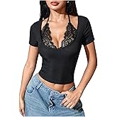 MakeMeChic Women's Short Sleeve Shirts Halter Neck Lace Top Deep V Neck 2 in 1 Y2k T Shirt