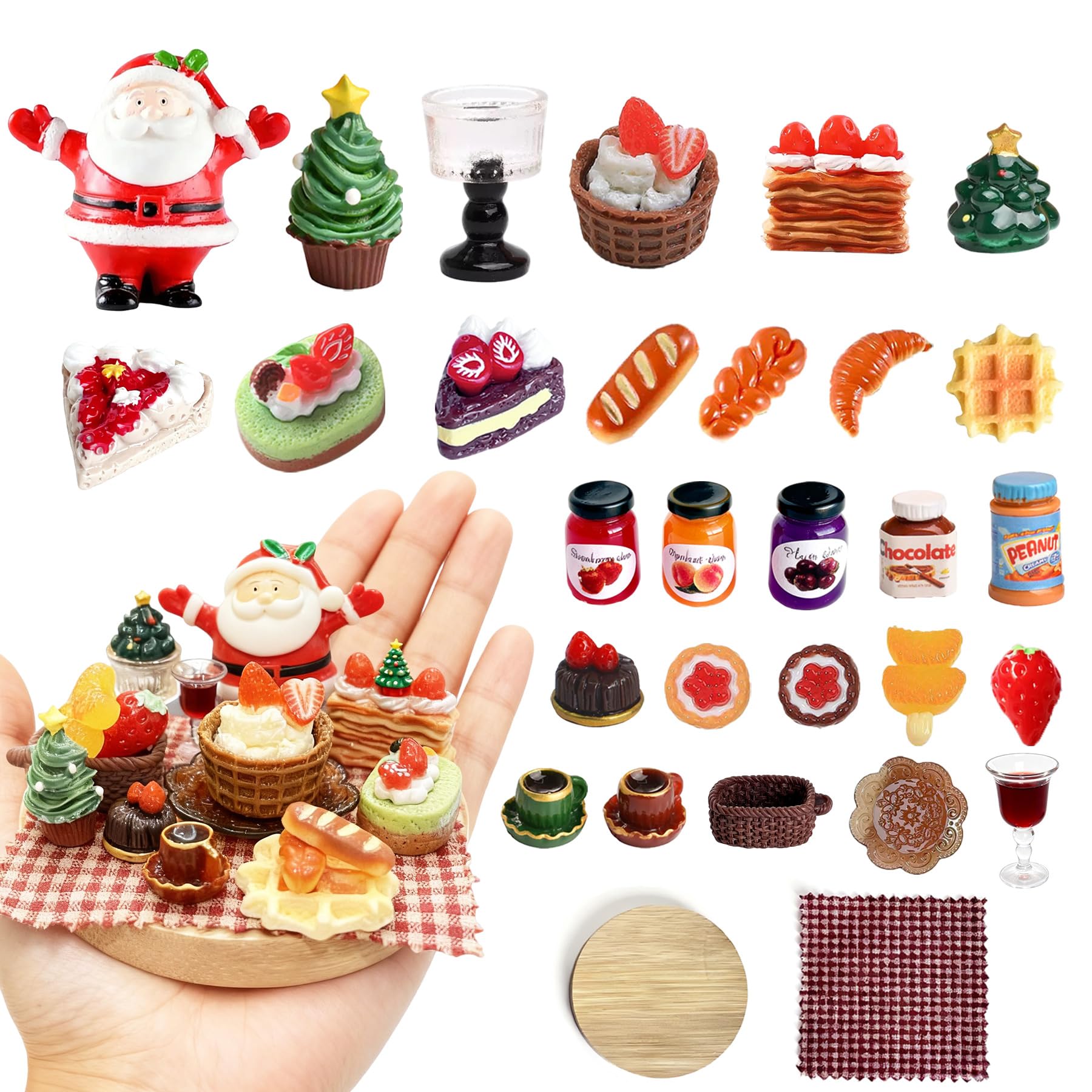BQLYblink 28-Piece Miniature Christmas Food & Gnome Accessory Set, Miniature Christmas Sweets and Drinking Set with Mini Santa Claus, Christmas Tree, Wooden Plate, Miniature Food for Doll