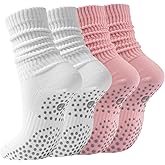 Pilates Slouch Crew Socks for Women, Grip Yoga Socks with Non Slip Grippers for Barre Ballet Dance Hospital Workout