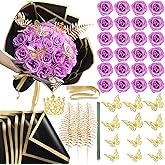 DIY Glitter Roses Bouquet 24Pcs - Light Purple Artificial Glitter Rose with Stems Wrapping Paper 3D Butterflies Crowns for Mother's Day Graduations Anniversary Birthday Wedding Bouquets,for Her