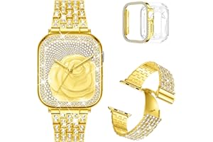 DABAOZA Compatible for Women Apple Watch Band with Bumper Case, Full Bling Rhinestone Sparkle Stainless Metal Strap for iWatch Series 9 8 7 6 5 4 3 2 1 SE