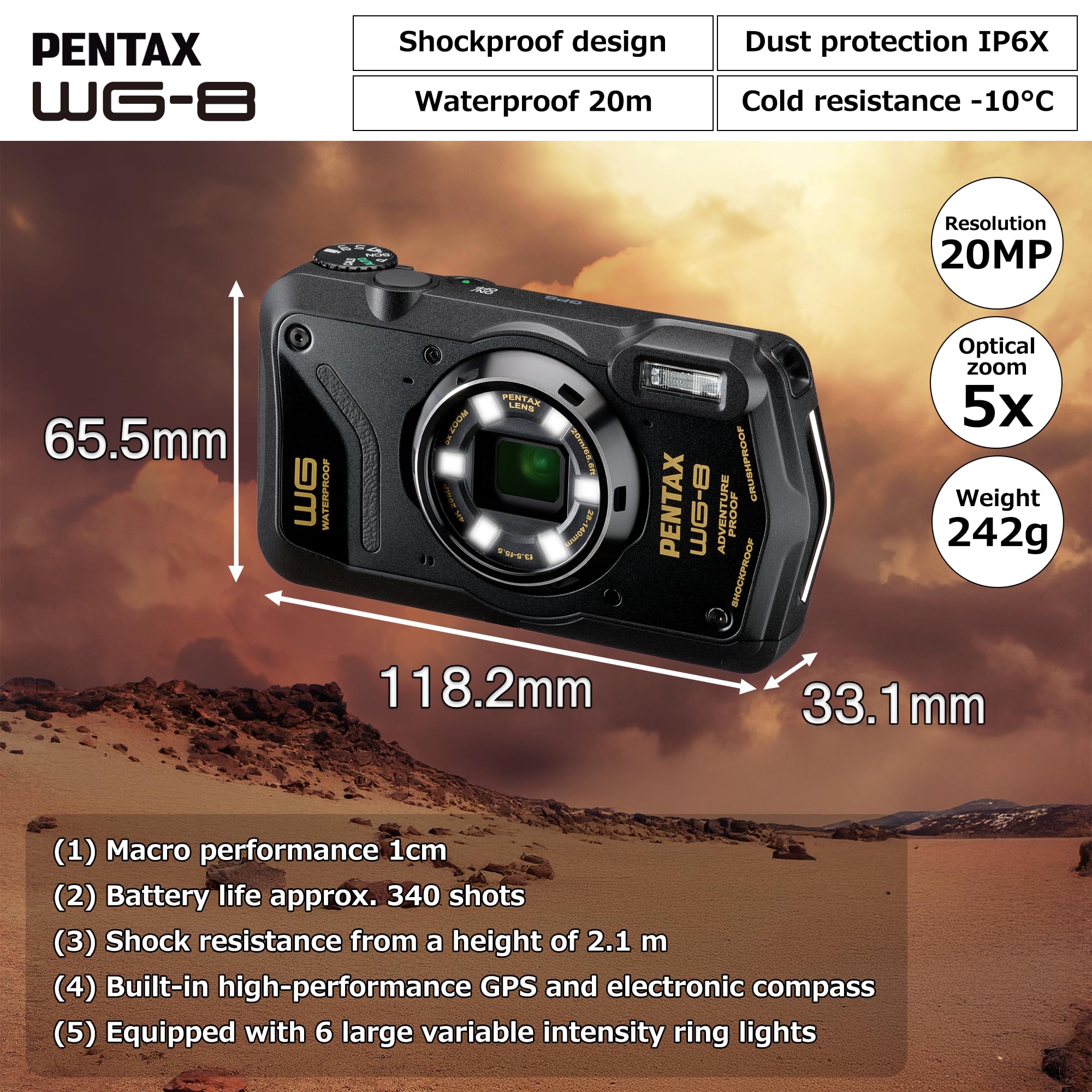 PENTAX Compact étanche WG-8 Noir 2