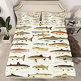 Retro Fish Fitted Sheets Twin Size,Fish Wild Animals Bedding Sets 2Pcs,Fishing Hunting Theme Bed Sheet for Kids Boys Adult Men Room Decor,Rustic Farmhouse Style Deep Pocket Sheet,1 Pillowcase