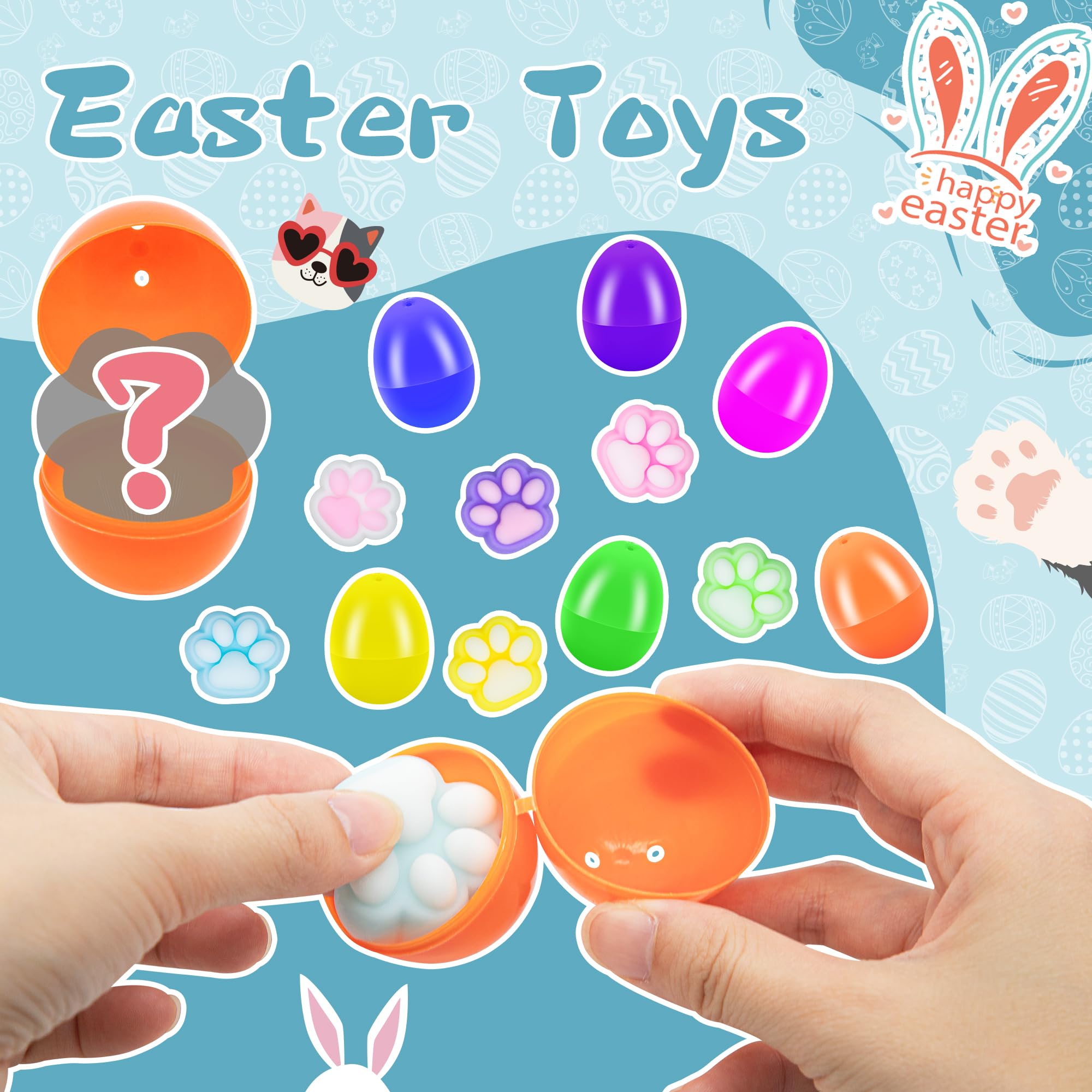 24 Packs Easter Eggs Fillers - Squishy Cat Paw Squeeze with Colorful Eggs for Easter Baskets,Egg Hunt, Toddler, Kids, Boys, School Class Classroom Party Favor