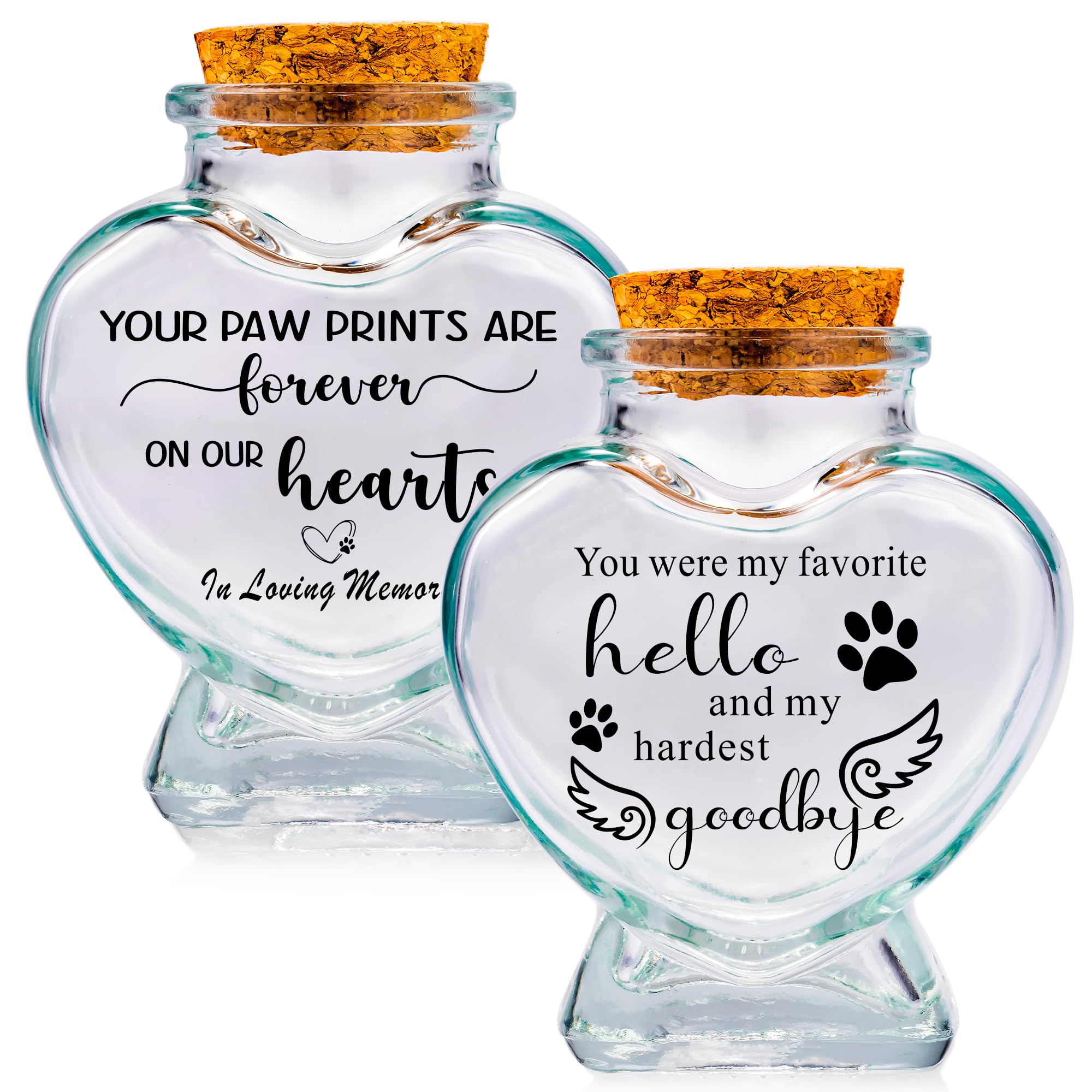 Pet Memorial Urns Set 2 Pcs Sand Keepsake Jar Heart Shaped Glass Urns for Ashes or Hair Teeth Keepsake Loss of Pet Sympathy Gift