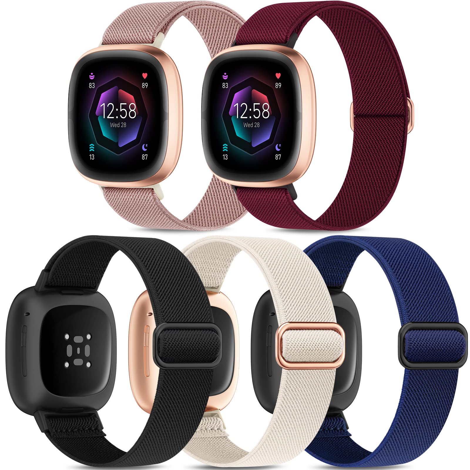 Higgs 5 Pack Straps Compatible with Fitbit Versa 4 Strap/Fitbit Versa 3 Strap/Fitbit Sense 2 Bands for Women Men, Soft Elastic Nylon Sport Replacement Band for Versa 4/Versa 3/Sense,Color 5