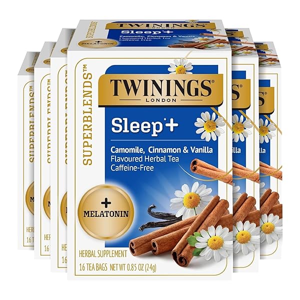 TWININGS SUPERBLENDS SLEEP+ HERBAL TEA WITH 1MG MELATONIN, CAMOMILE, CINNAMON & VANILLA, NATURALLY CAFFEINE-FREE, 16 COUNT (PACK OF 6), 96 TEABAGS