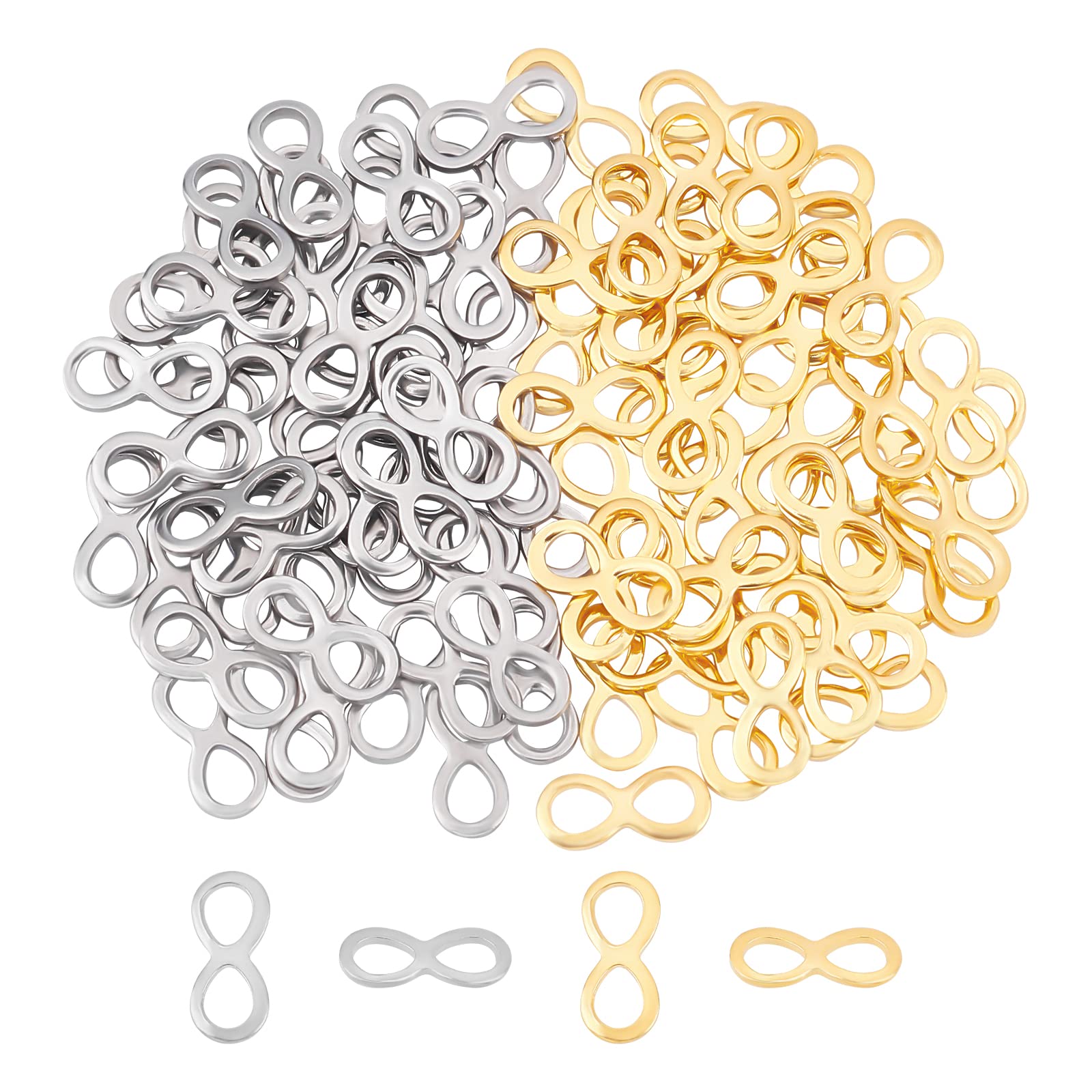 UNICRAFTALE 100Pcs 2 Colors Infinity Links Connectors 304 Stainless Steel Linking Charms Circle Frames Jewelry Links for DIY Bracelets Necklaces Jewelry Making