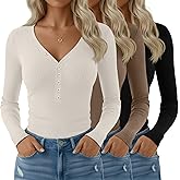 Velvelhall 3 Pack Women's Long Sleeve Henley Shirts Cotton Ribbed V Neck Tops Casual Tees Fall Basic Blouses